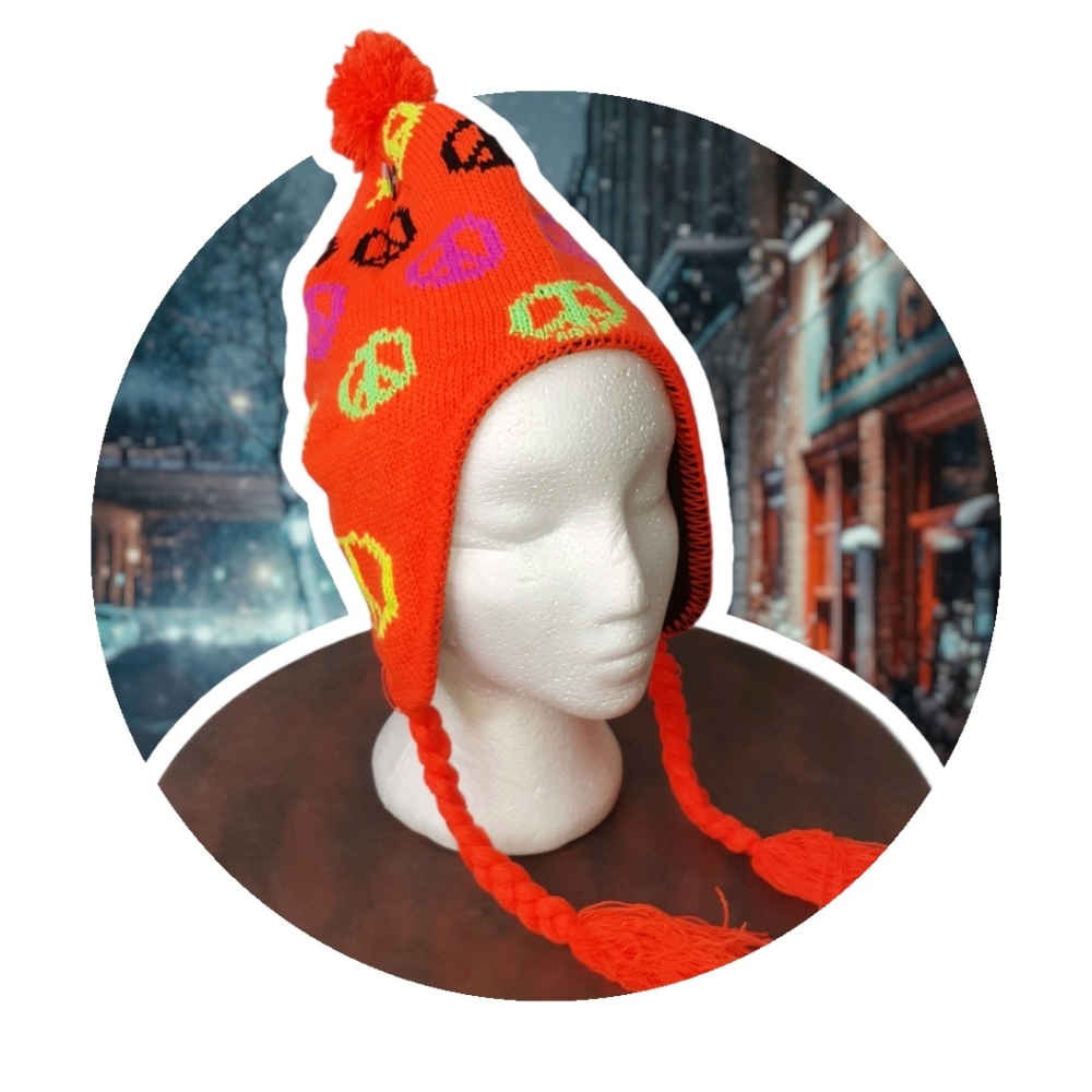 GROOVY GLAM Orange Peace Sign Ski Cap Knit Chullo Hat
